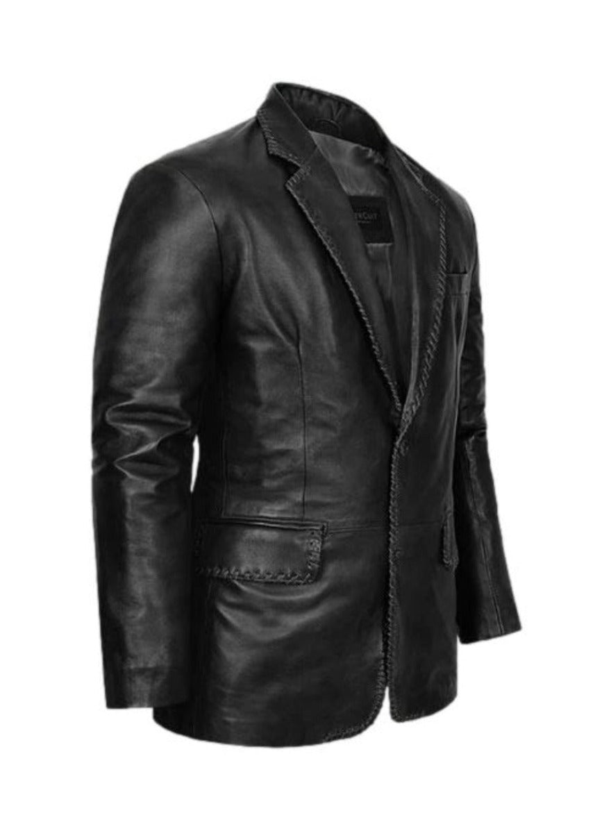 Picture of our Mens Black Leather Blazer, side view.