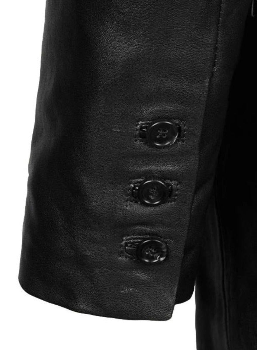 Picture of our Mens Black Leather Blazer, close up view of the sleeve ends showing  3 buttons.