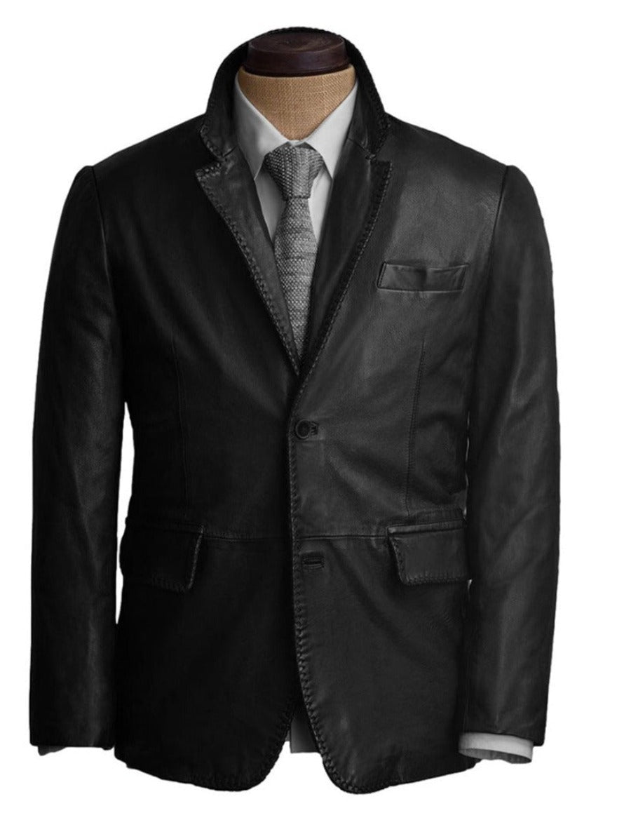 Picture of our Mens Black Leather Blazer, front view 