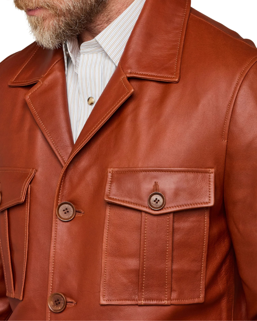 Picture of a model wearing our Leather cargo Jacket, brown color, close up front pocket  view.
