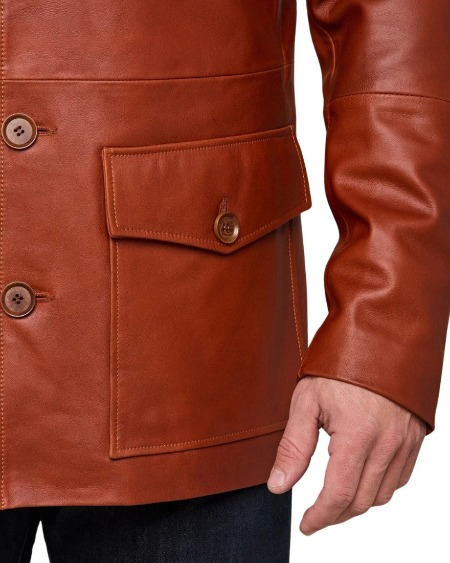 Picture of a model wearing our Leather cargo Jacket, brown color, close up pocket  view.