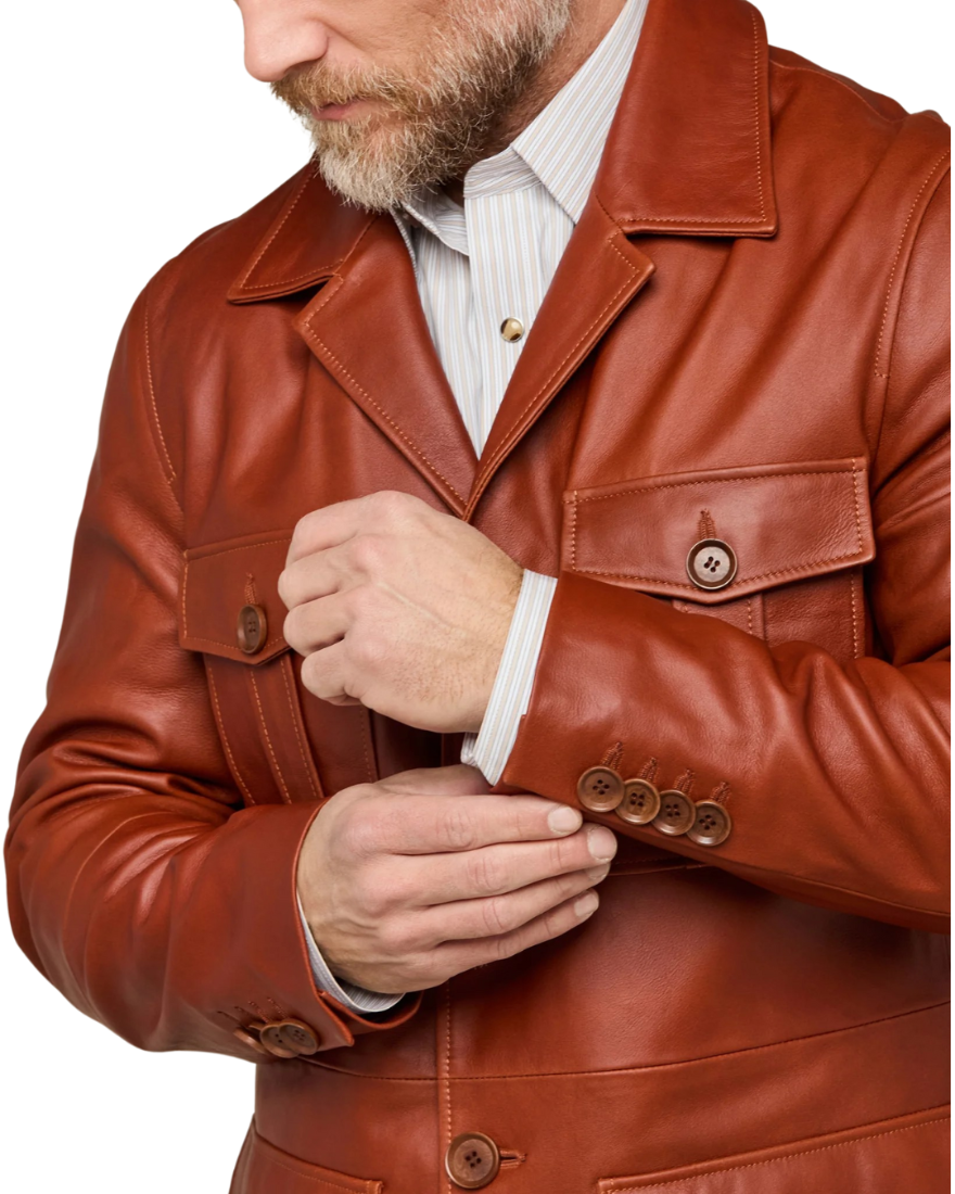 Picture of a model wearing our Leather cargo Jacket, brown color, close up front view.