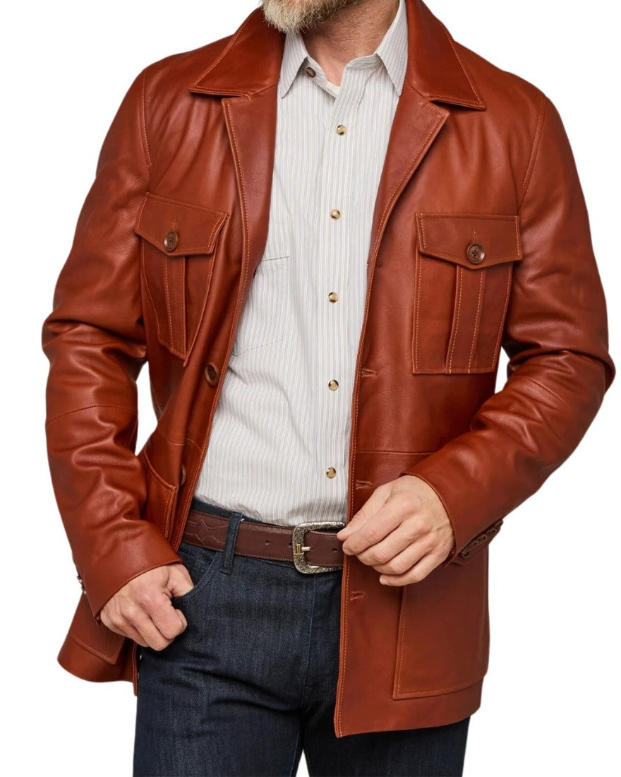 Picture of a model wearing our Leather cargo Jacket, brown color, front view.