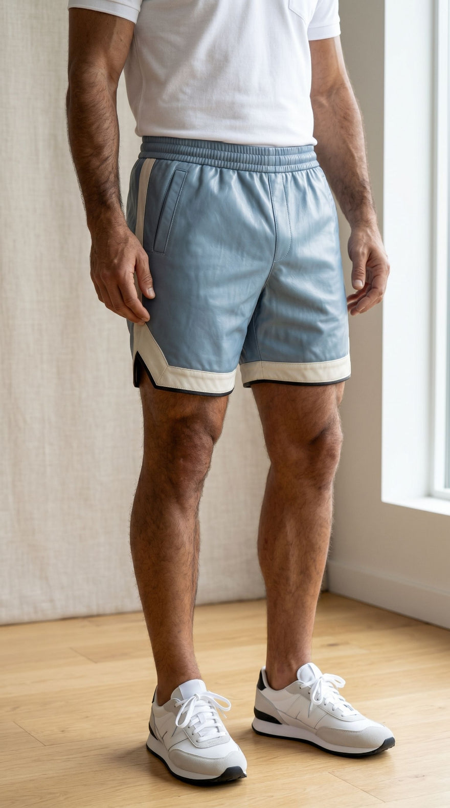 Hanging light blue men's leather shorts on neutral hanger, highlighting contrast stripe and craftsmanship.
