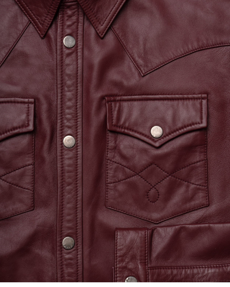 Picture of our dark red leather shirt, front view pocket close up.