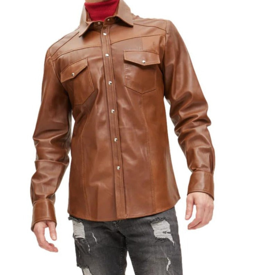Picture of a model wearing our Mens Brown Leather Shirt, front view.