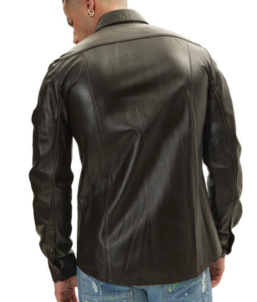 Picture of a model wearing our Dark Brown leather shirt, long sleeves, back view.