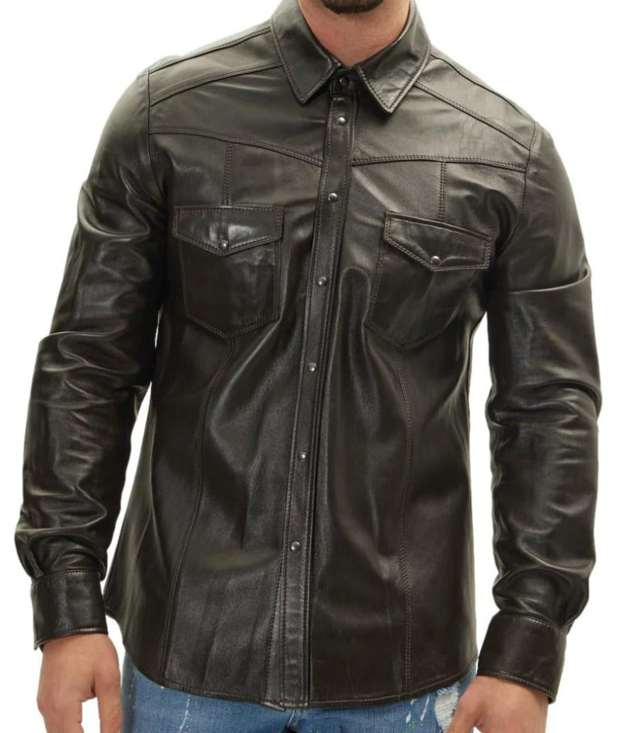 Picture of a model wearing our Dark Brown leather shirt, long sleeves, front view.