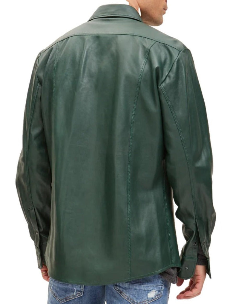 Picture of a model wearing our mens green leather shirt, back view.