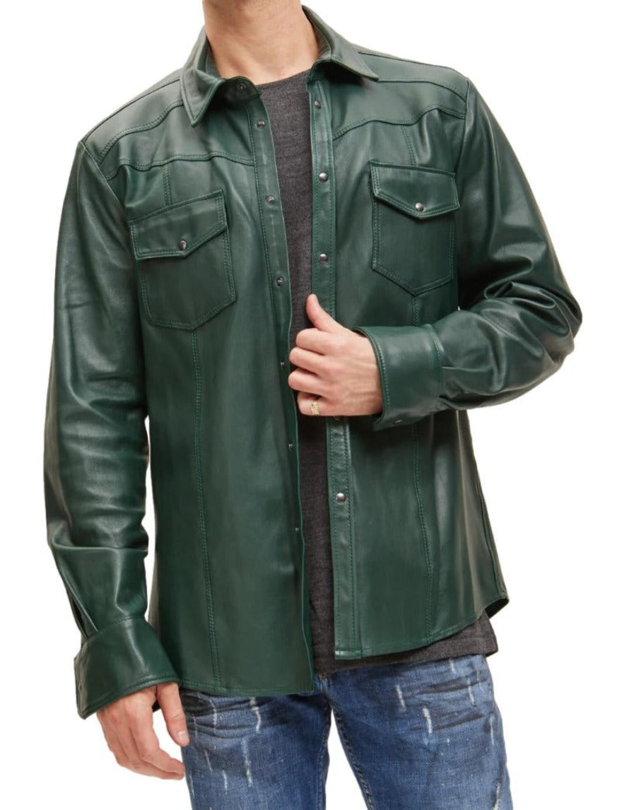 Picture of a model wearing our mens green leather shirt, front view.