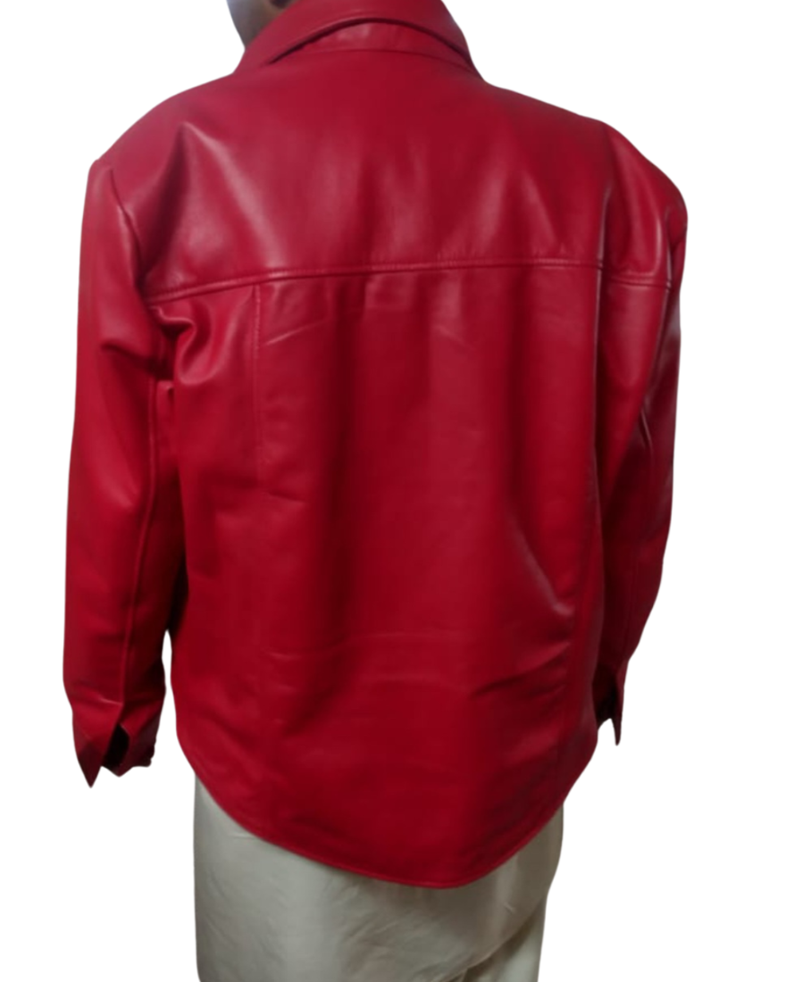 Picture of a model wearing our Mens Red Leather Shirt, back view1.