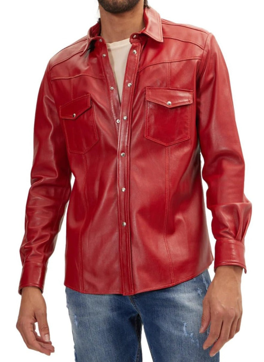 Picture of a model wearing our Mens Red Leather Shirt, front view.