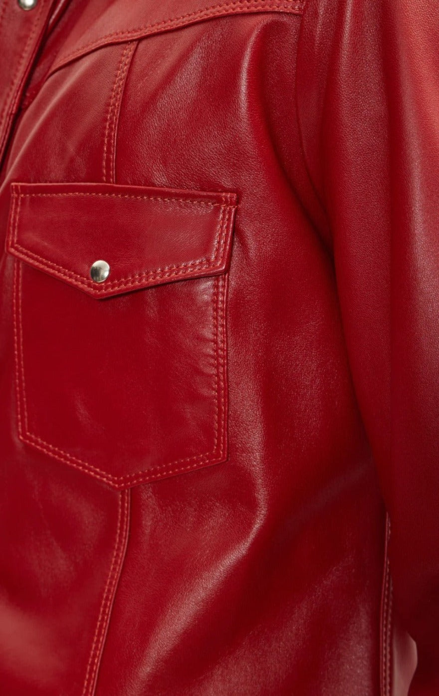 Close up view of the pocket of our Mens Red Leather Shirt.