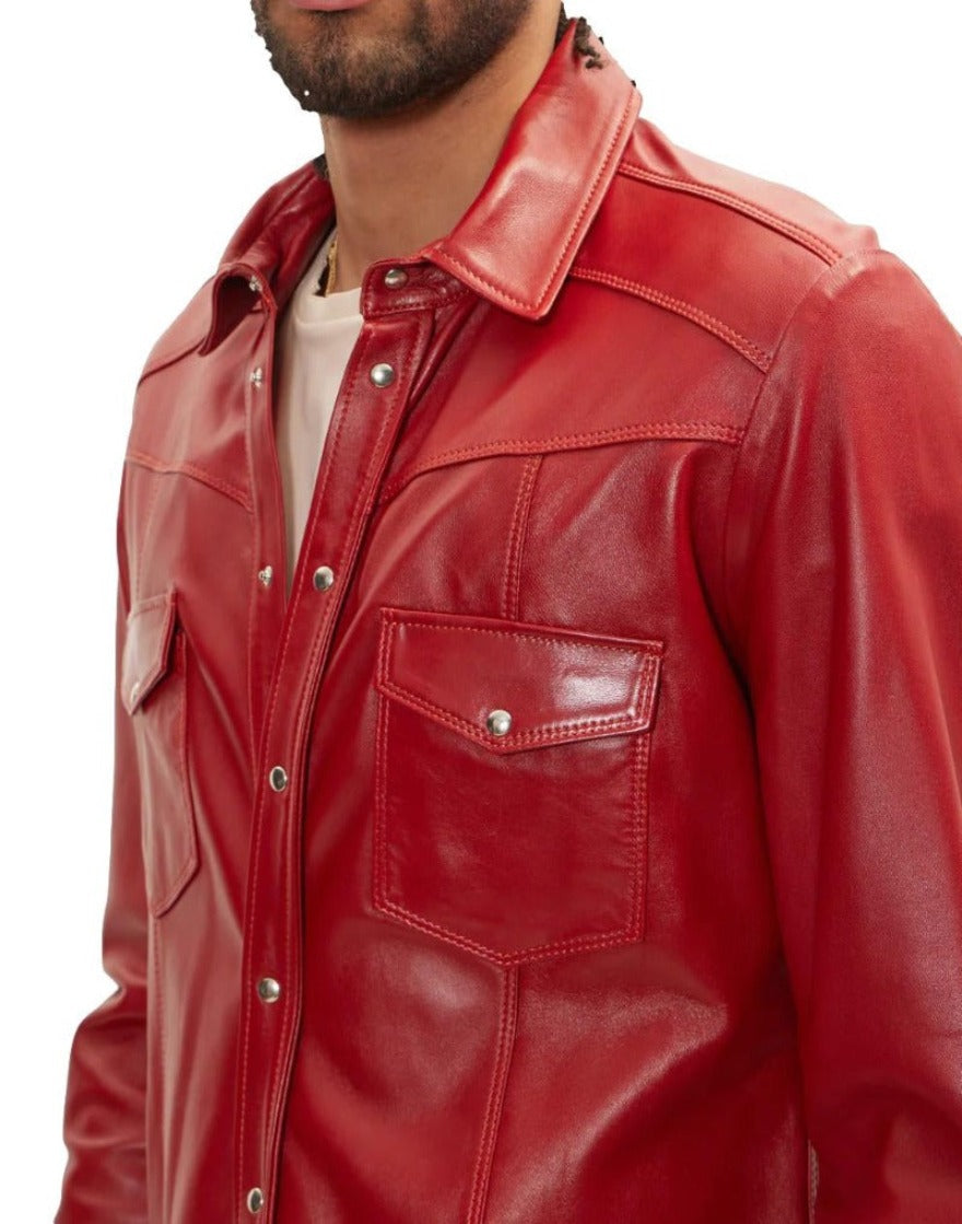 Picture of a model wearing our Mens Red Leather Shirt, side view.