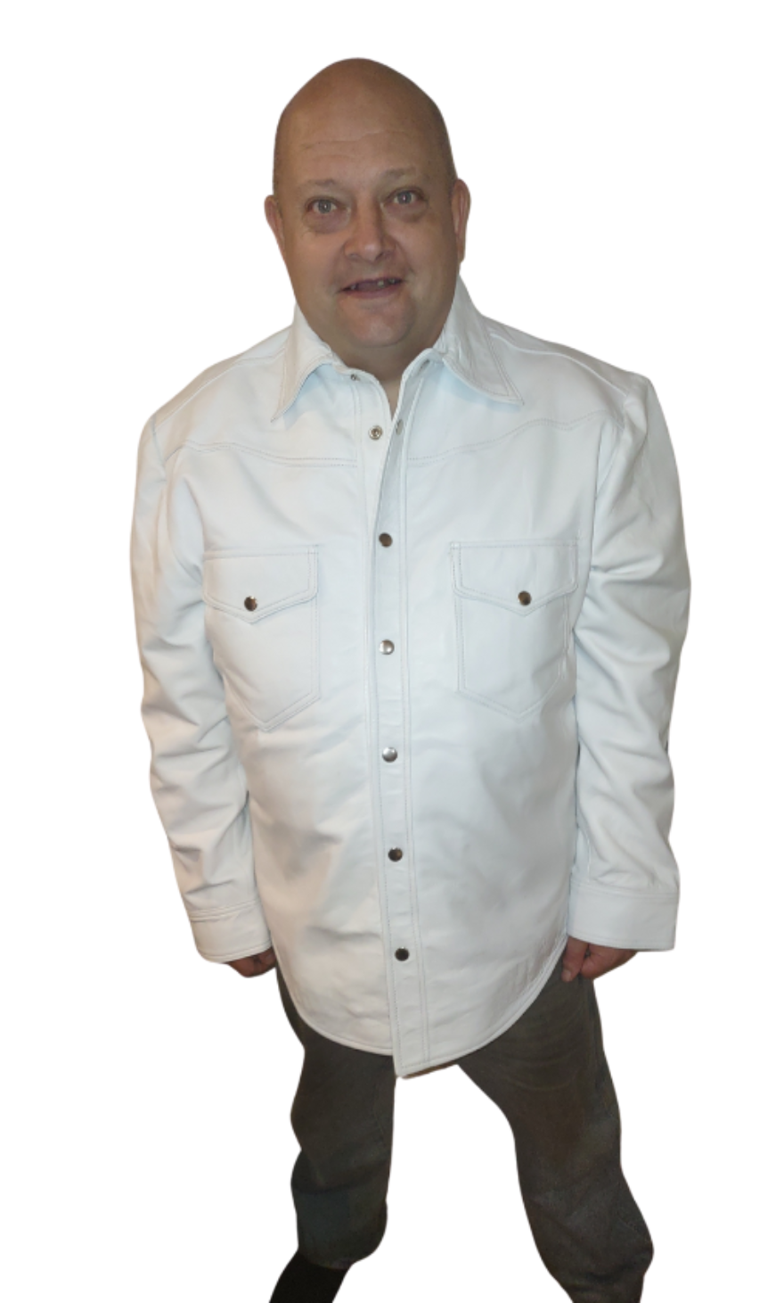 Picture of a model wearing our Mens White Leather Shirt, front view.