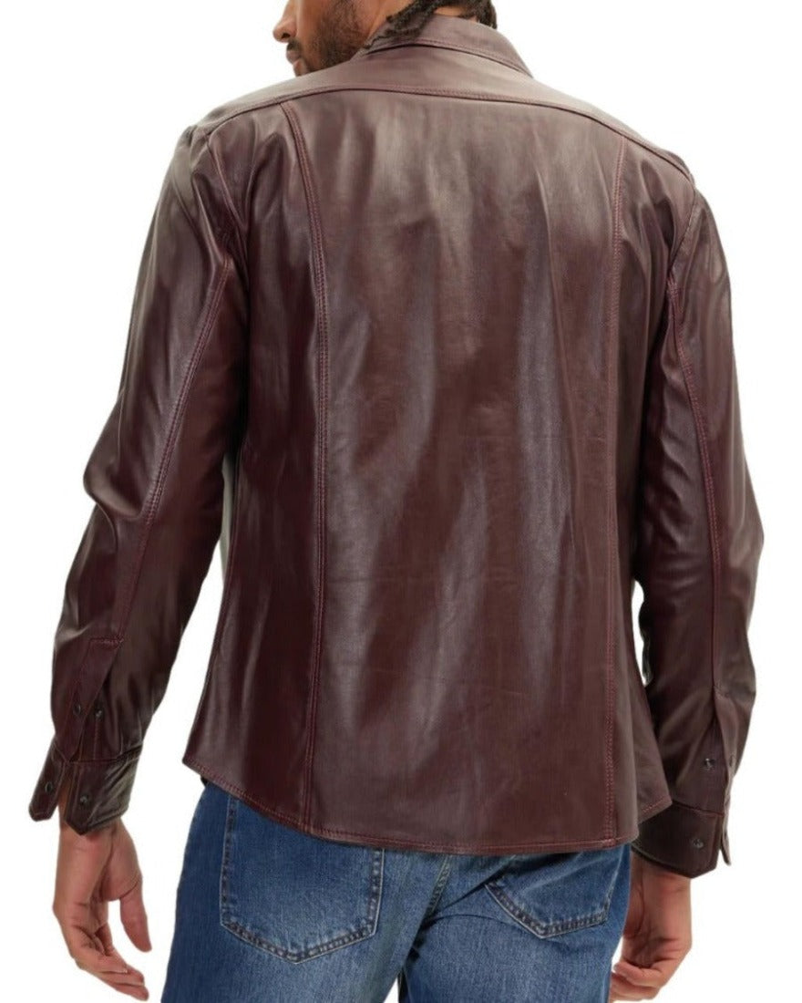 Picture of a model wearing our Maroon Leather Shirt with long sleeves, back view..