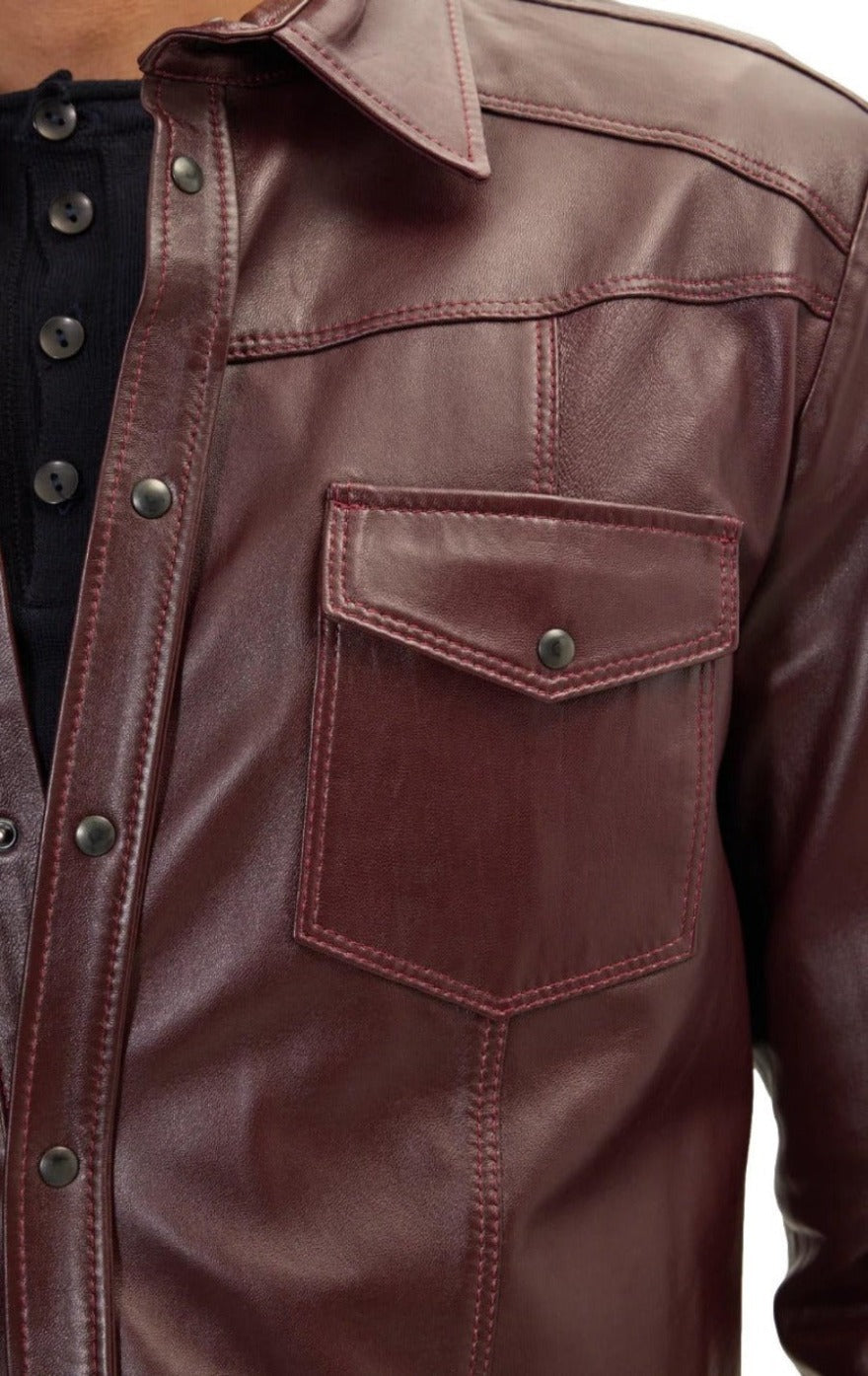 Picture of a model wearing our Maroon Leather Shirt with long sleeves, close up view.