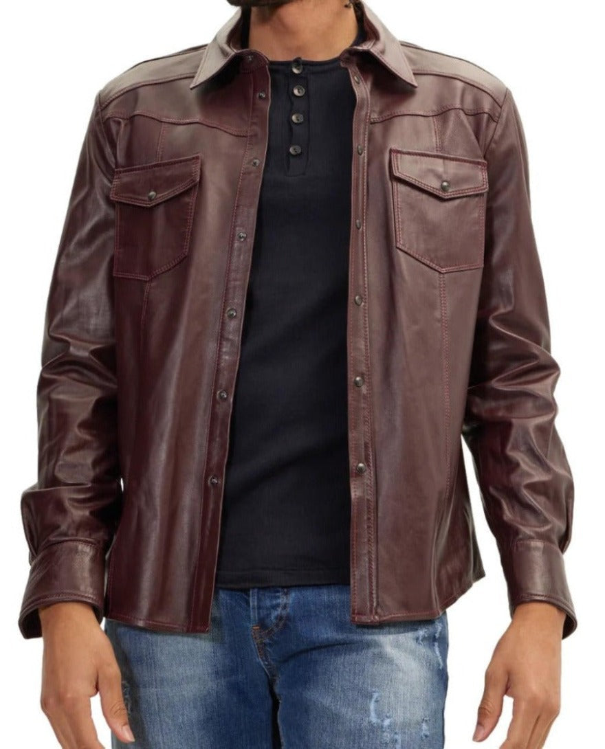 Picture of a model wearing our Maroon Leather Shirt with long sleeves, Front view., with snaps open