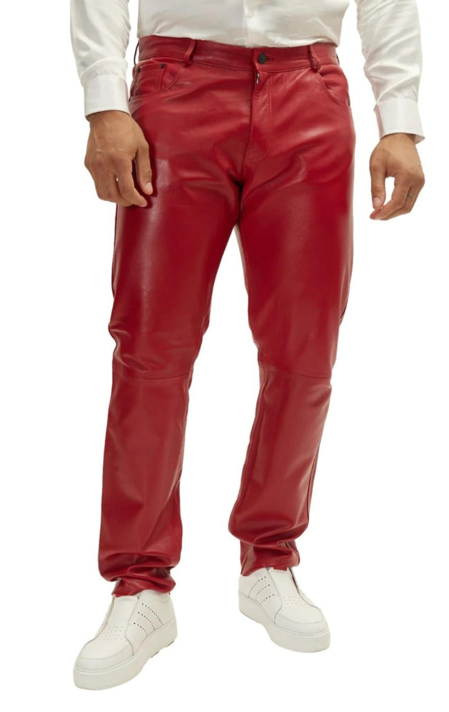 Picture of a model wearing our Mens Red Leather Jeans, front view.