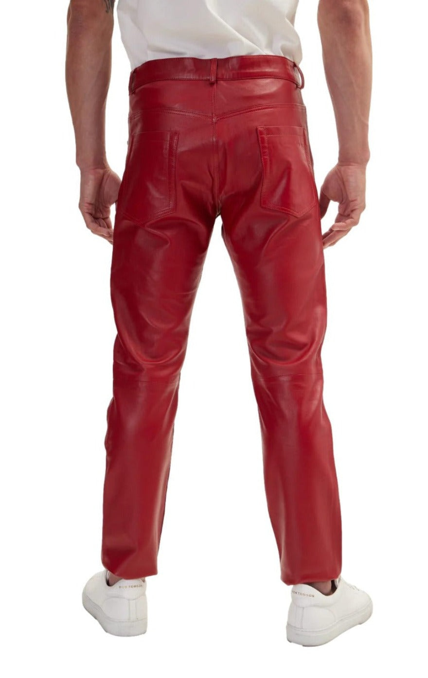 Picture of a model wearing our Mens Red Leather Jeans, back view.