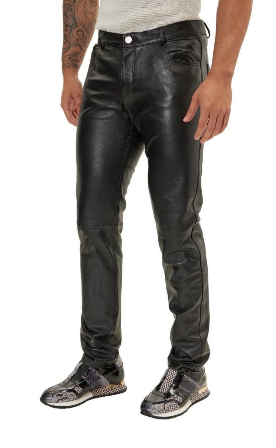 Picture of a model wearing our Black Mens Leather pants front view.