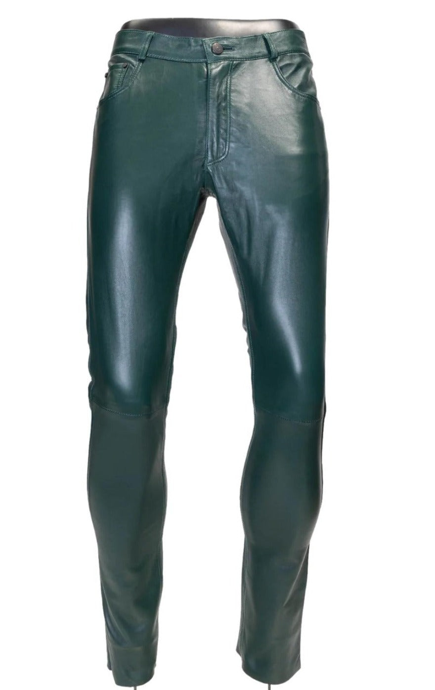 Image of our mens green leather pants on a mannequin, front view.
