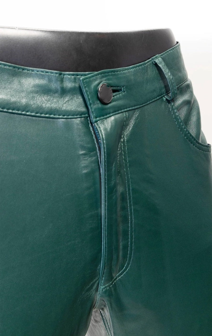 Image of our mens green leather pants on a mannequin, close up view of waist and fly.