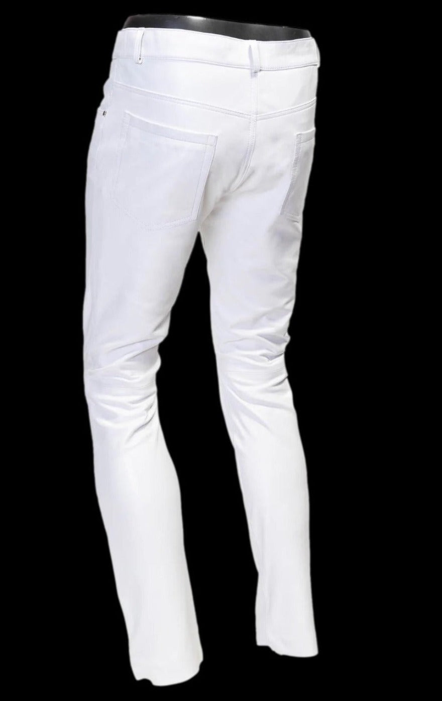 Picture of our Mens White Leather Jeans, back view.