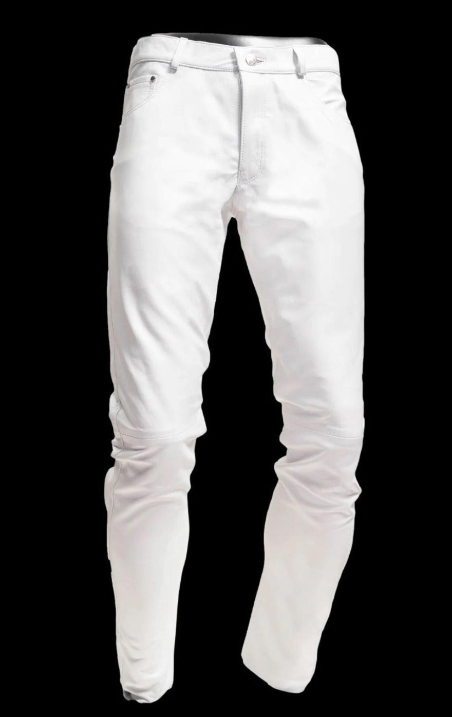 Picture of our Mens White Leather Jeans, front view.