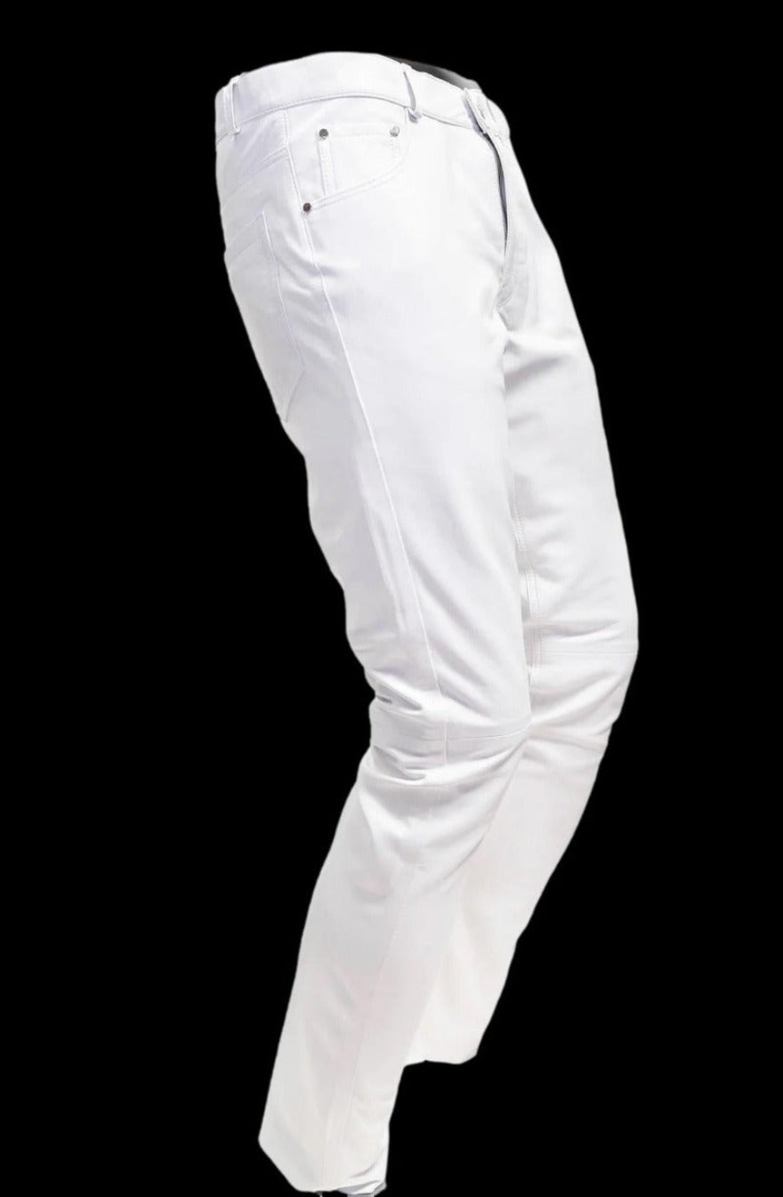 Picture of our Mens White Leather Jeans, side view.