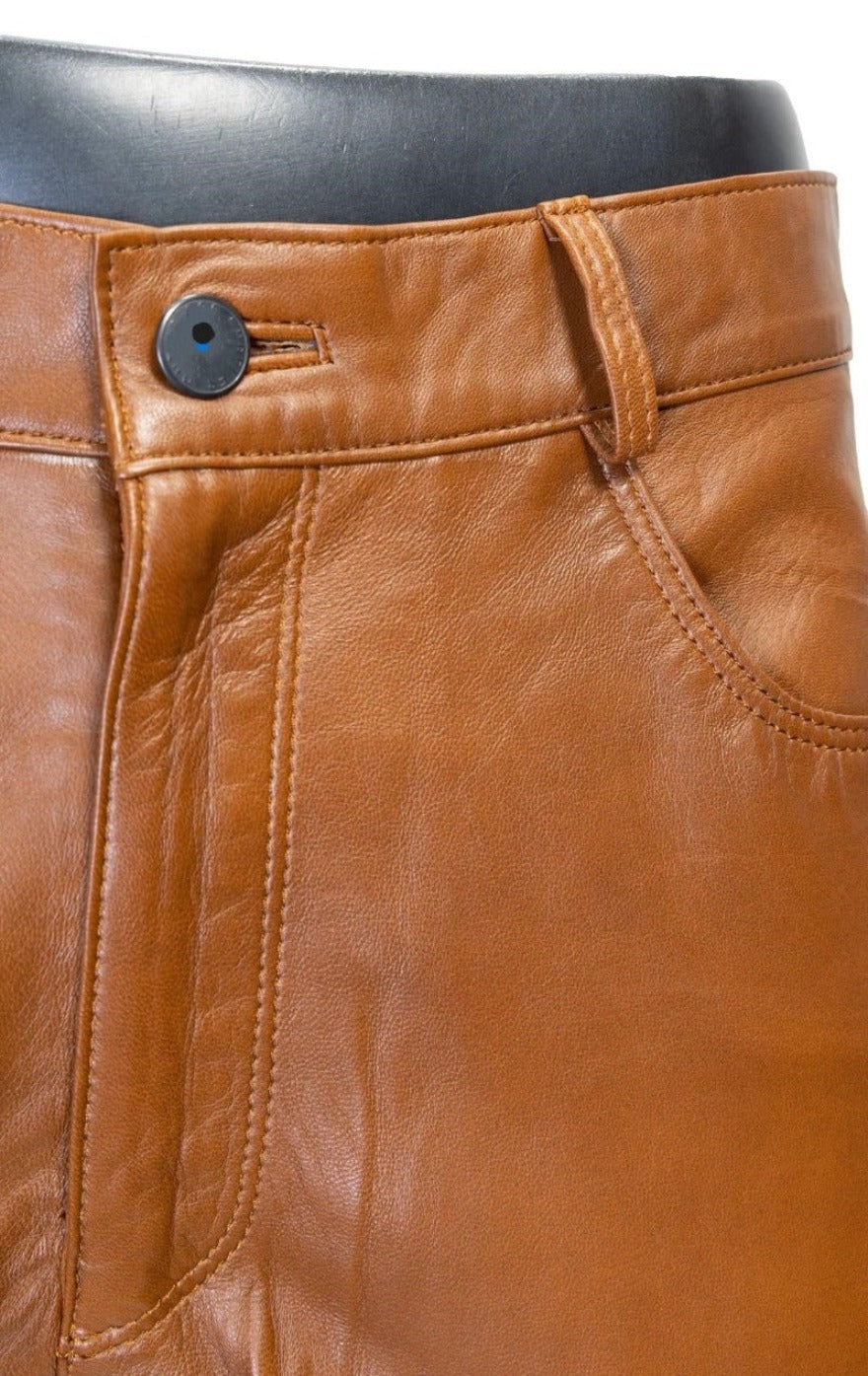 Photo of our Brown Leather Jeans, close up view of waist