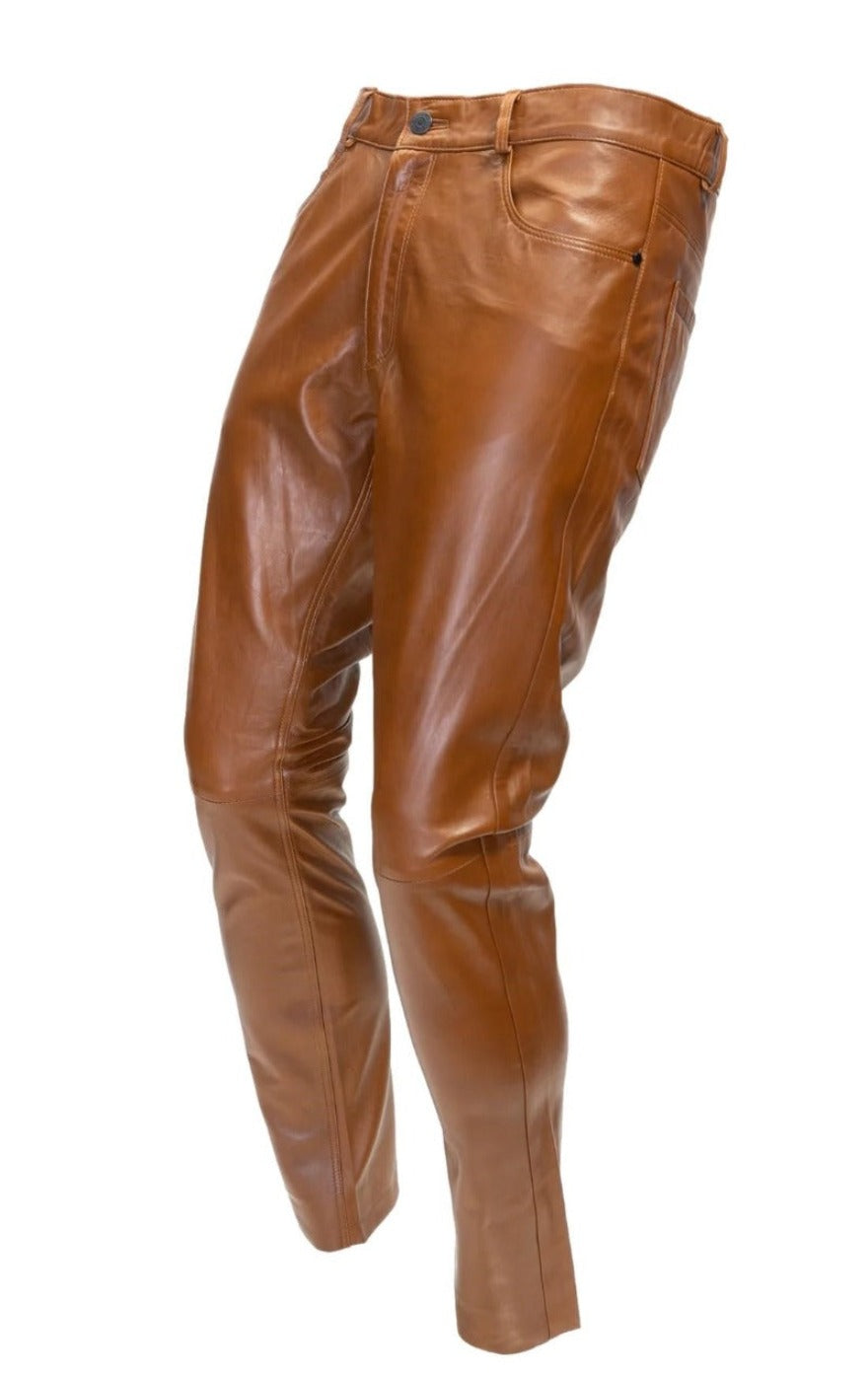 Photo of our Brown Leather Jeans, side view