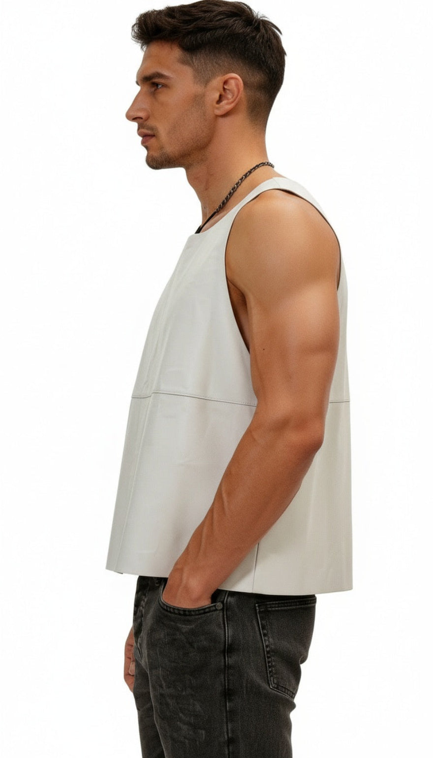 Picture of a model wearing our Mens White Leather tank top, side view.