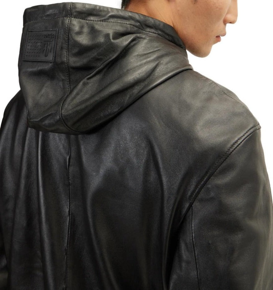 Picture of a model wearing our  Mens Black Leather Shirt Jacket, close up view of the hood and back