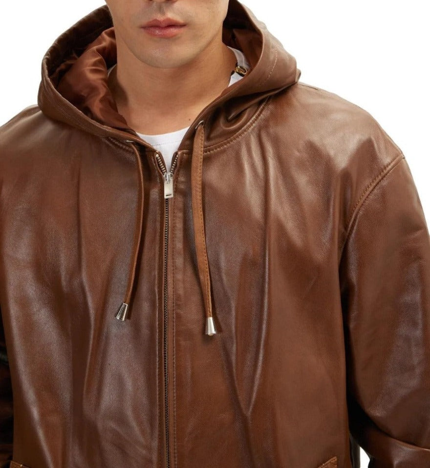 Picture of a model wearing our Brown Leather Shirt Jacket, close up view.