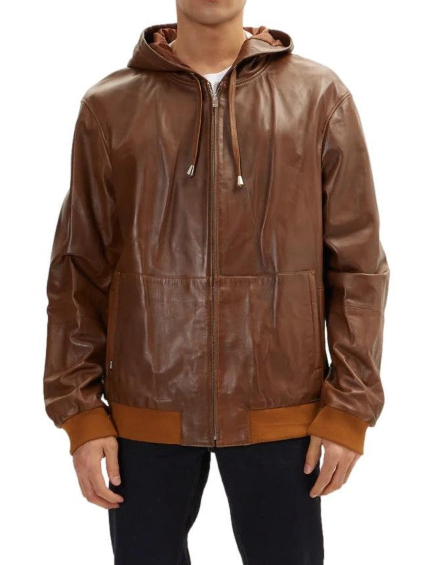 Picture of a model wearing our Brown Leather Shirt Jacket, front view-1.
