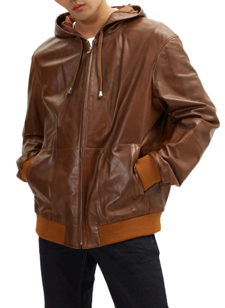 Picture of a model wearing our Brown Leather Shirt Jacket, front view.