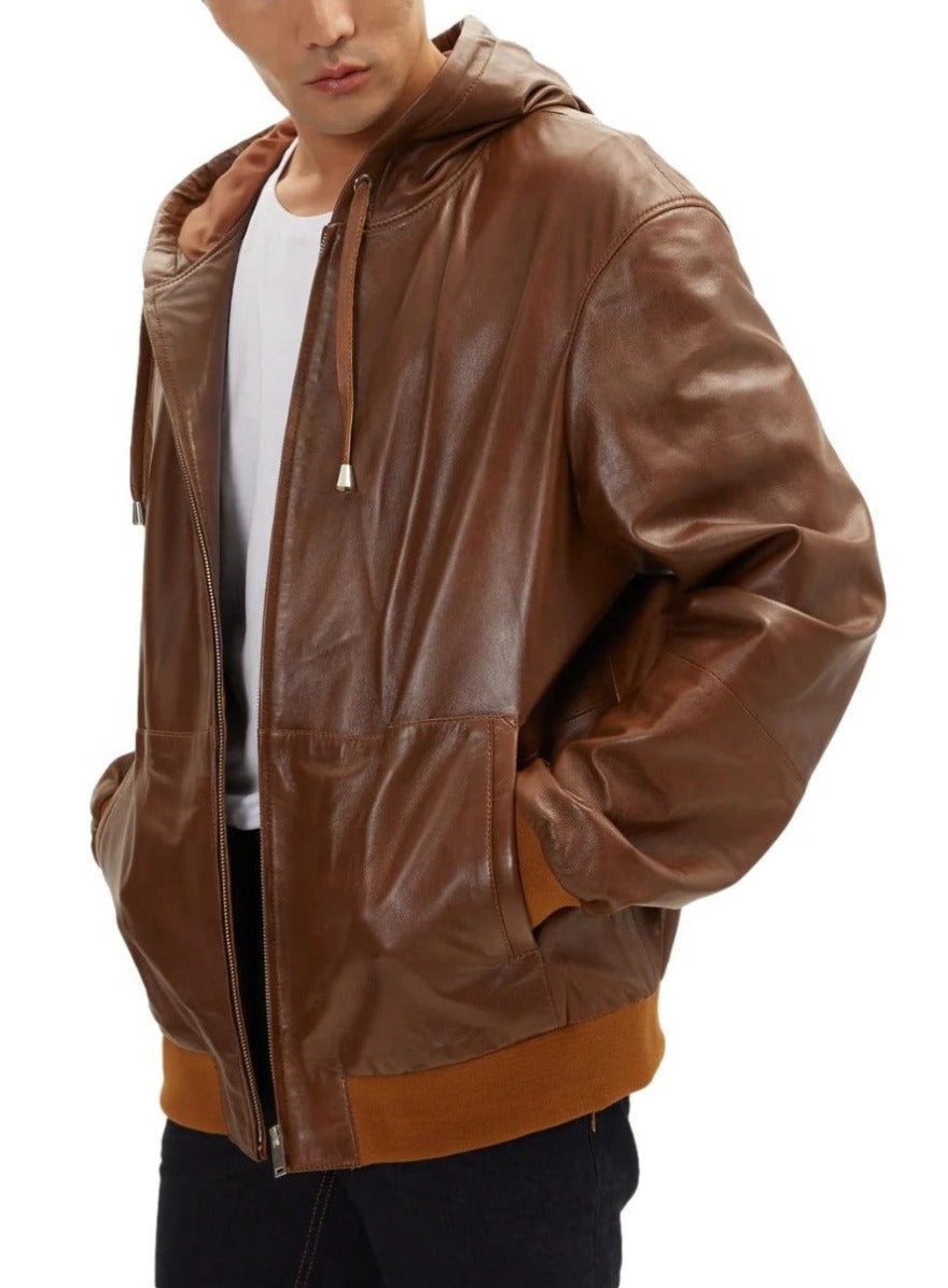 Picture of a model wearing our Brown Leather Shirt Jacket, side view.