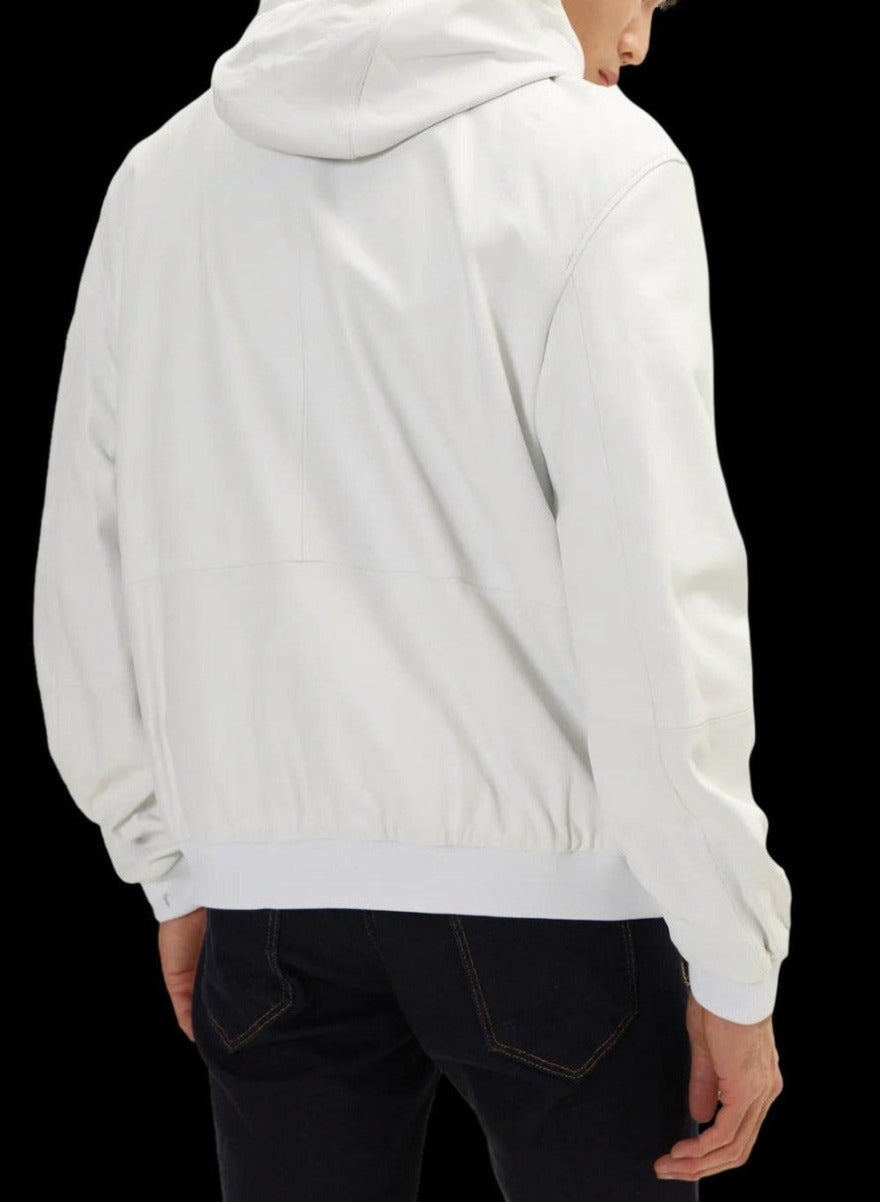 Picture of a model wearing our White Leather Shirt Jacket, back view&#39; with black ground.