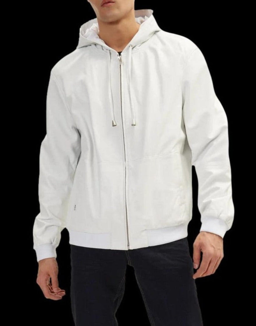 Picture of a model wearing our White Leather Shirt Jacket, front view&#39; with black ground.
