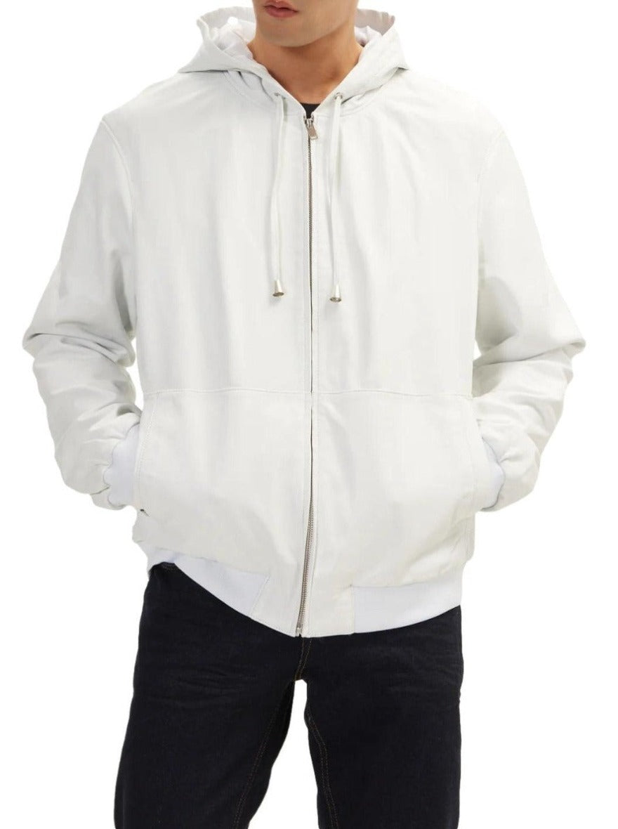 Picture of a model wearing our  White Leather Shirt Jacket, front view. 