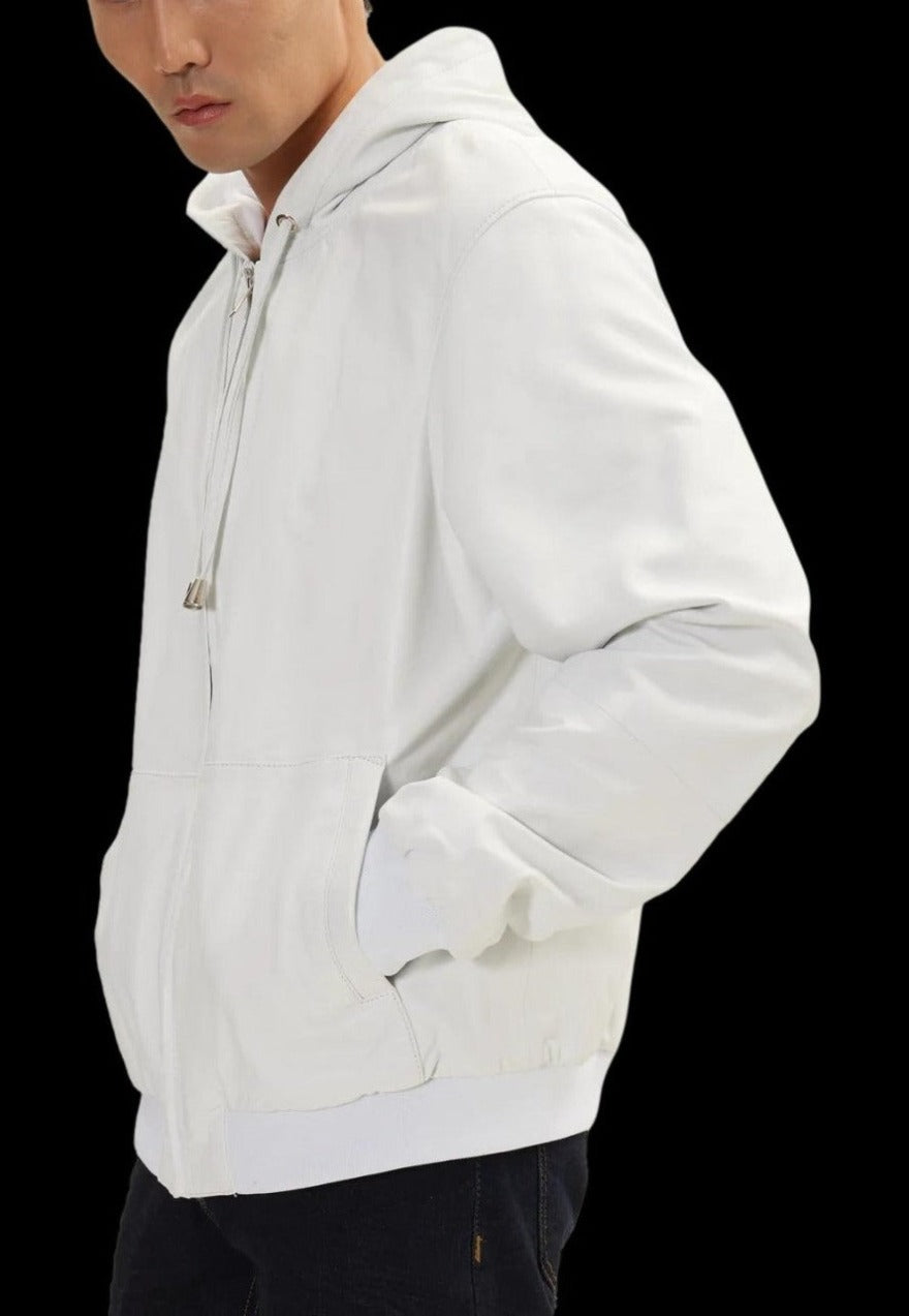 Picture of a model wearing our White Leather Shirt Jacket, side view&#39; with black ground.