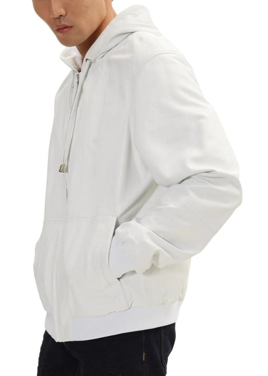Picture of a model wearing our White Leather Shirt Jacket, side view.