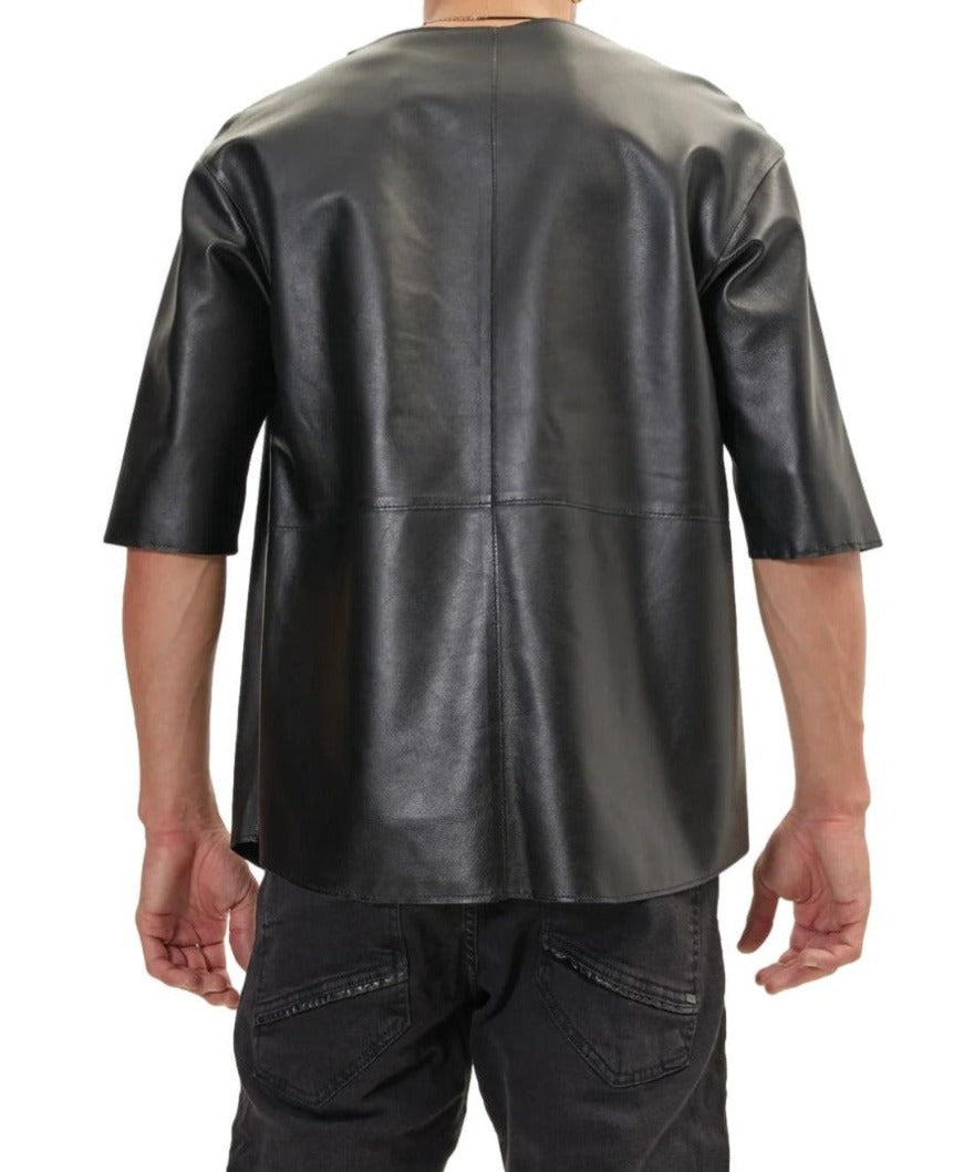 Picture of a model wearing our Mens Black Leather T Shirt, back view.