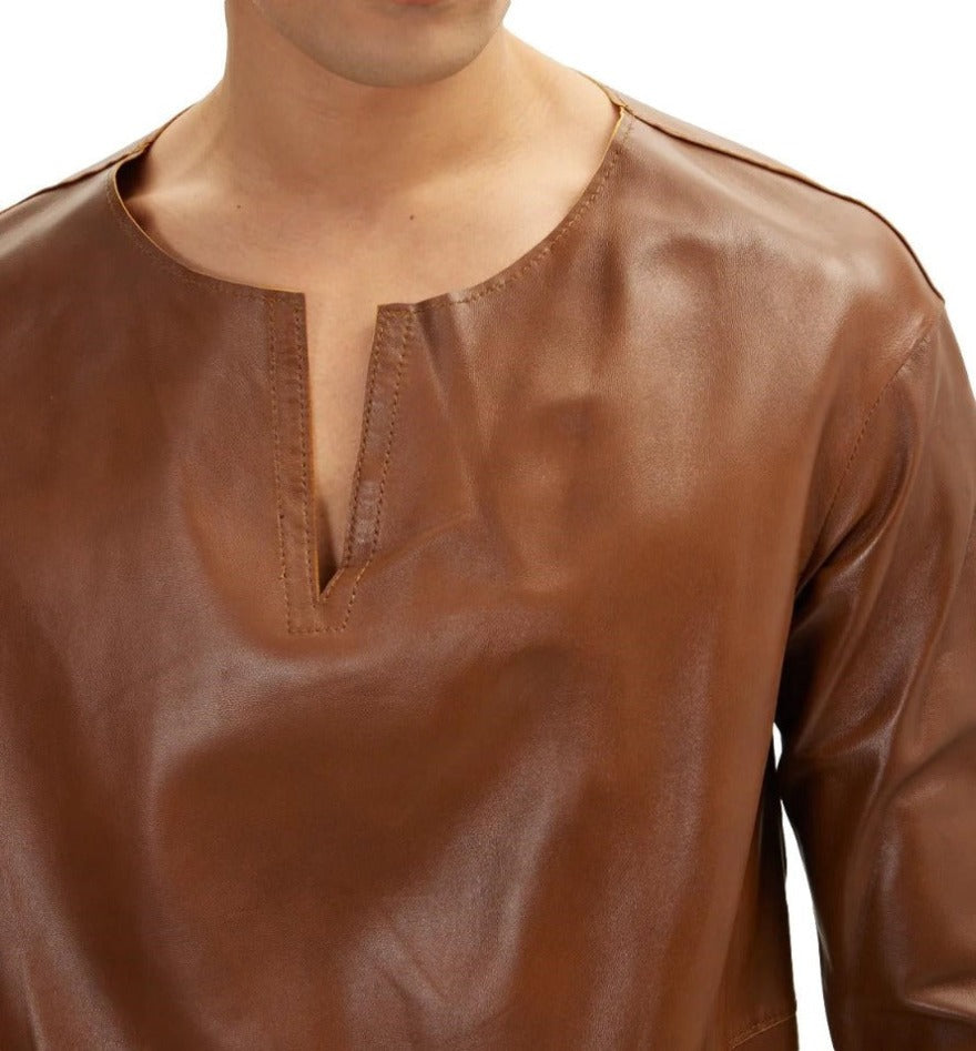 Picture of a model wearing our brown leather T shirt, close up view.