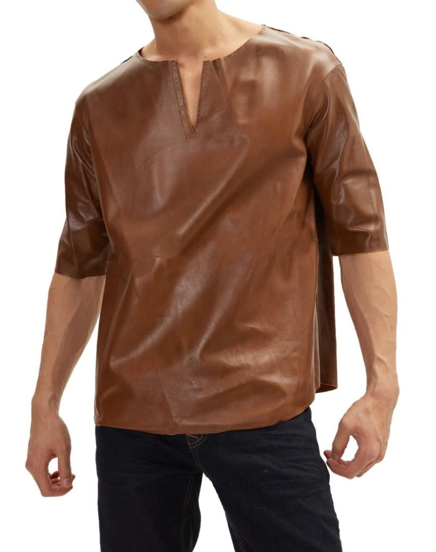 Picture of a model wearing our brown leather T shirt, front view.