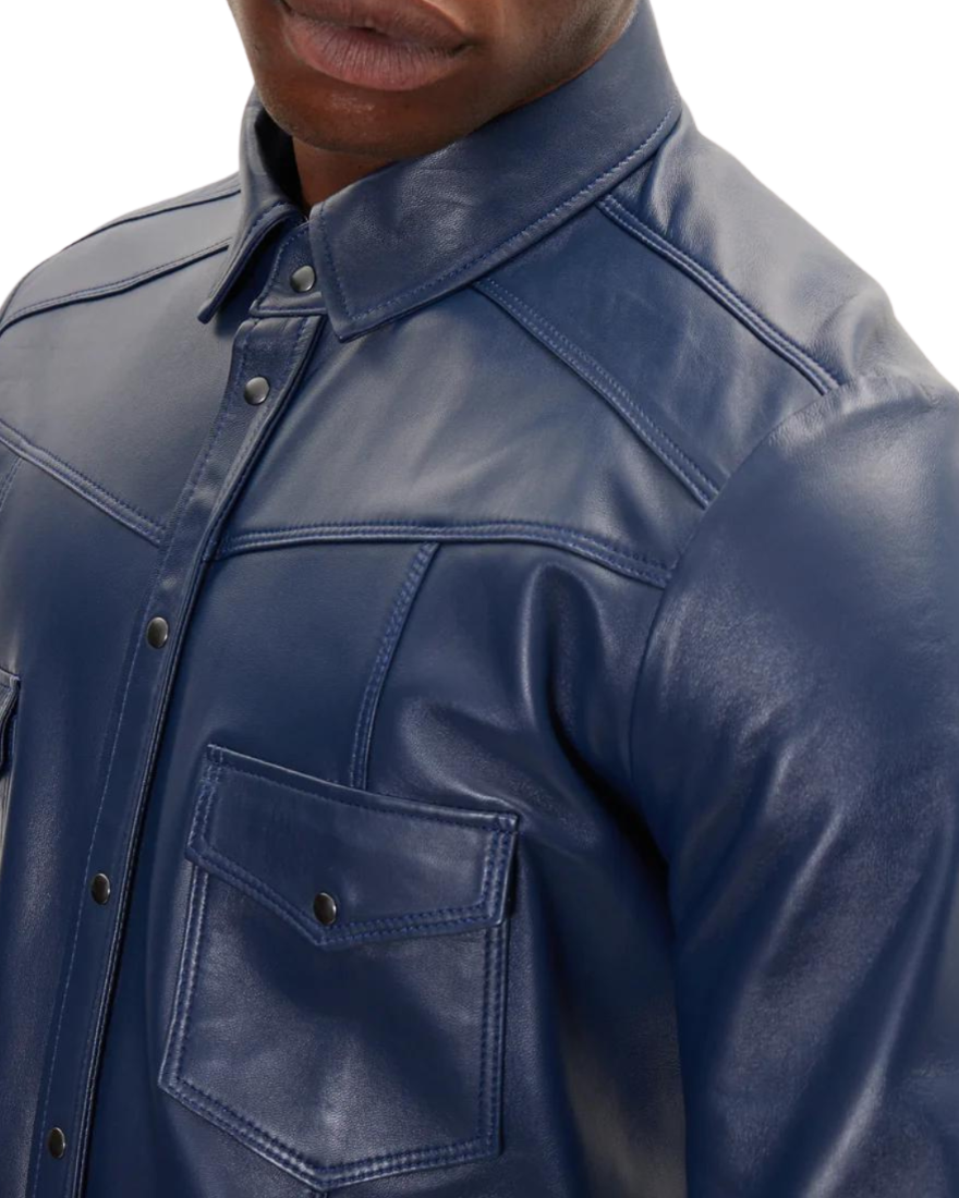 Picture of a model wearing our Mens Blue Leather Shirt, close up view.
