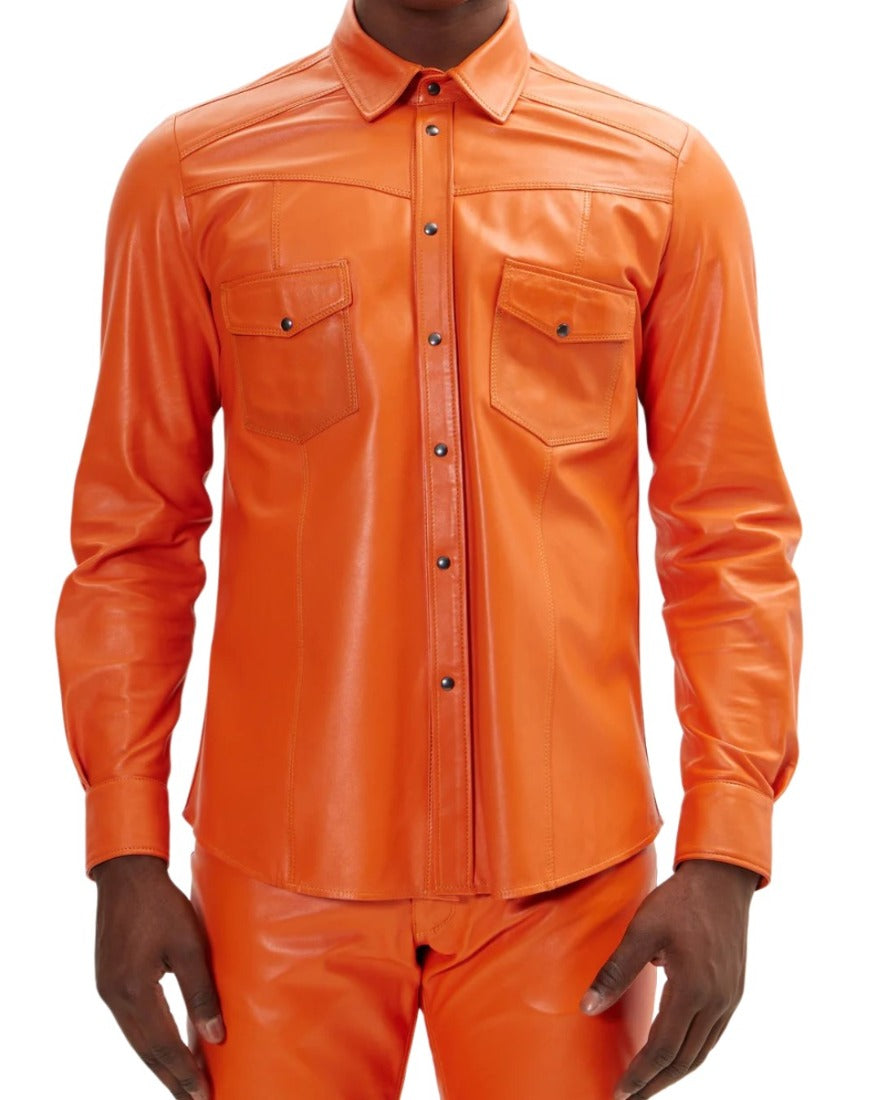 Picture of a model wearing our Orange leather shirt, front view.