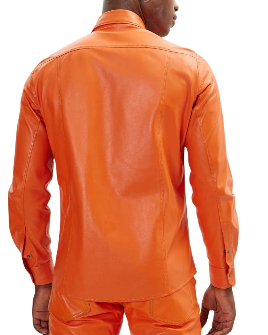 Picture of a model wearing our Orange leather shirt, back view.