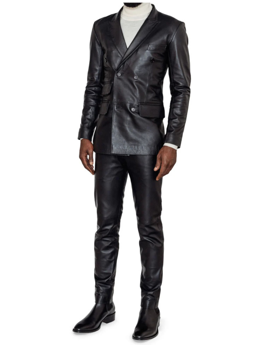 Picture of our Big Man Leather Suit on a model, side view with jacket buttoned. 